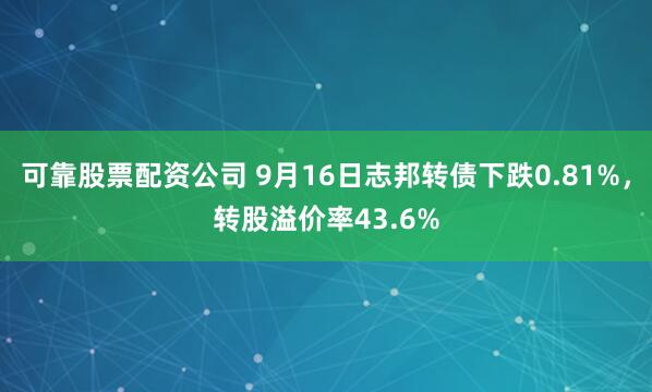 可靠股票配资公司 9月16日志邦转债下跌0.81%，转股溢价率43.6%